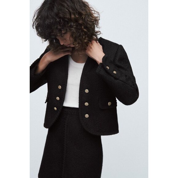 NWOT ZARA Black Textured Boucle Tweed Buttoned Open Front Blazer Jacket, Size M - Picture 14 of 16